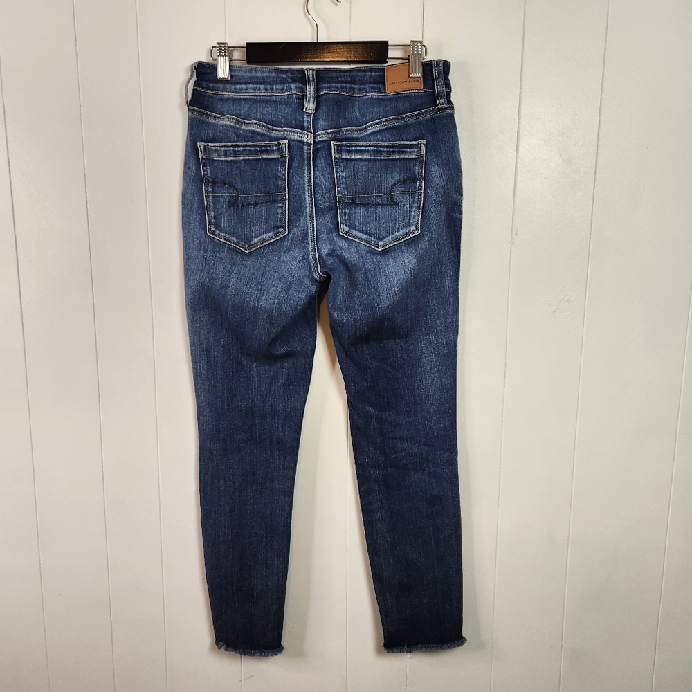 American Eagle High Rise Jeggings Crop Skinny Jeans Frayed Stretchy Dark Size 10 - Picture 6 of 14